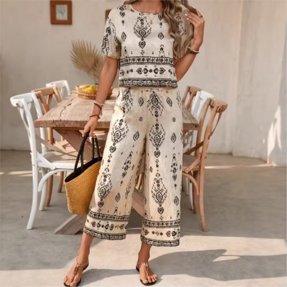 New Ethnic Fashion - Moda Etnik Retro Baskılı Kısa kollu